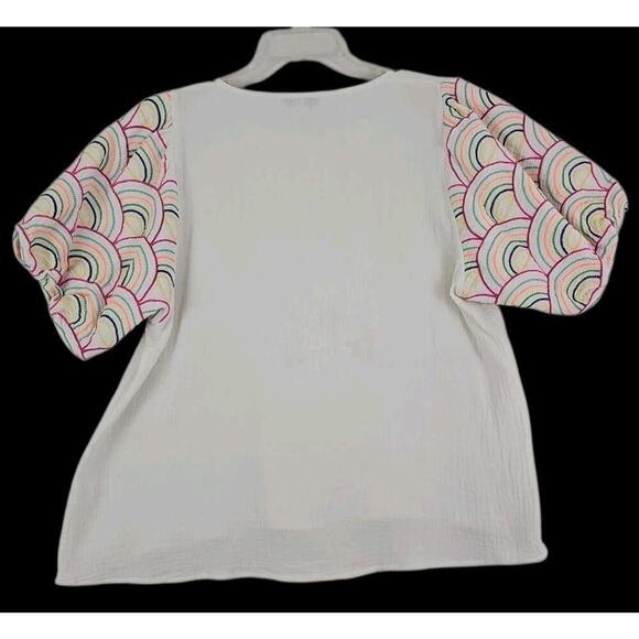 See N Be Seen ~Woman Size M~ White Textured Embroidered Puff Short Sleeve Cotton - Picture 3 of 13